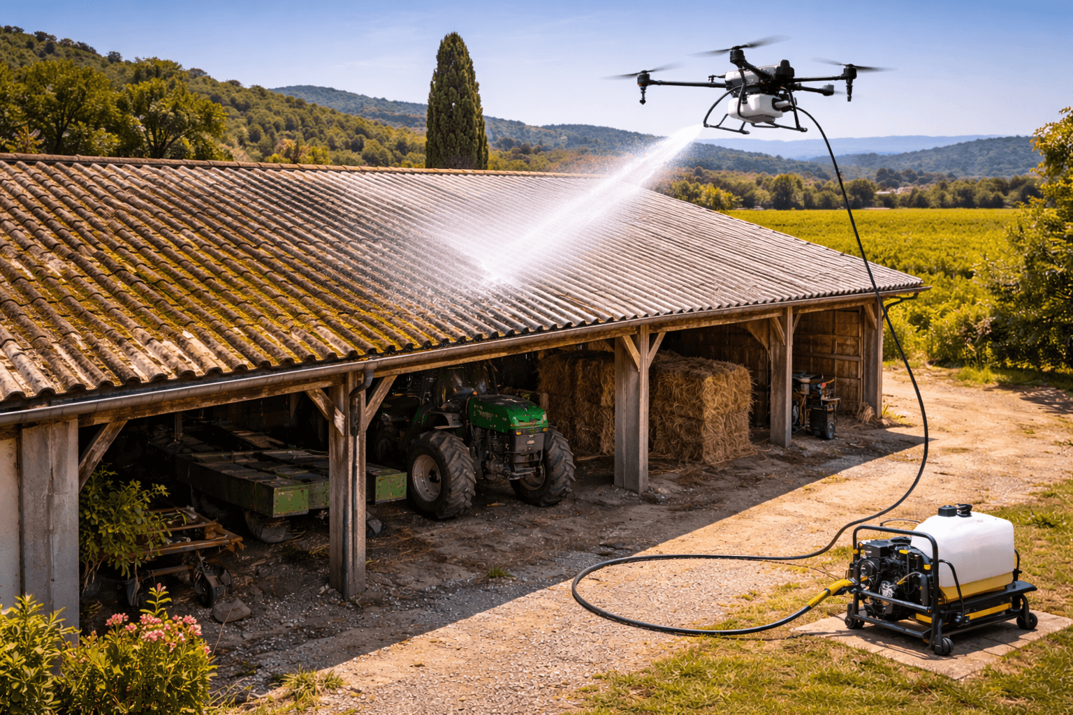 Nettoyage de toiture agricole par drone