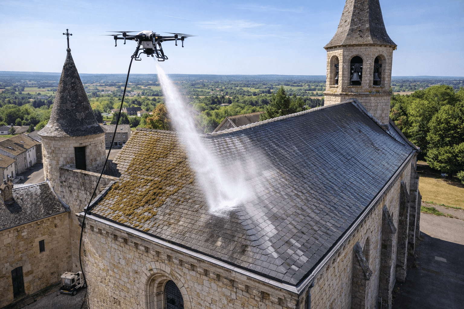 Nettoyage de toiture de bâtiments patrimoniaux par drone