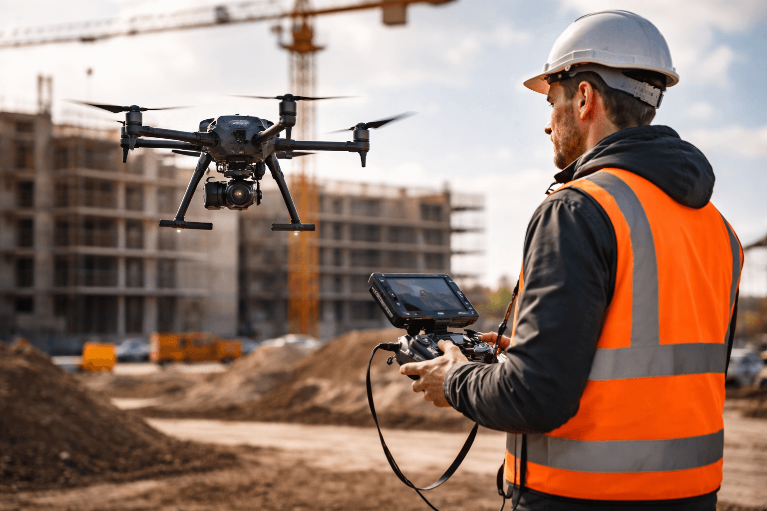 Télépilote professionnel pilotant un drone pour une inspection technique