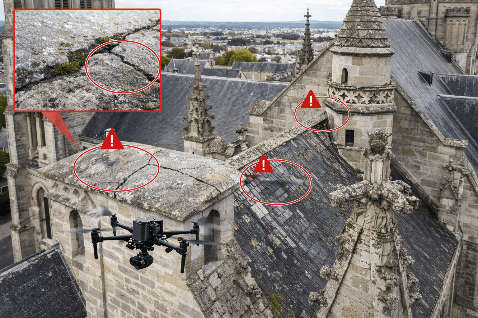Inspection de toiture de bâtiments patrimoniaux par drone