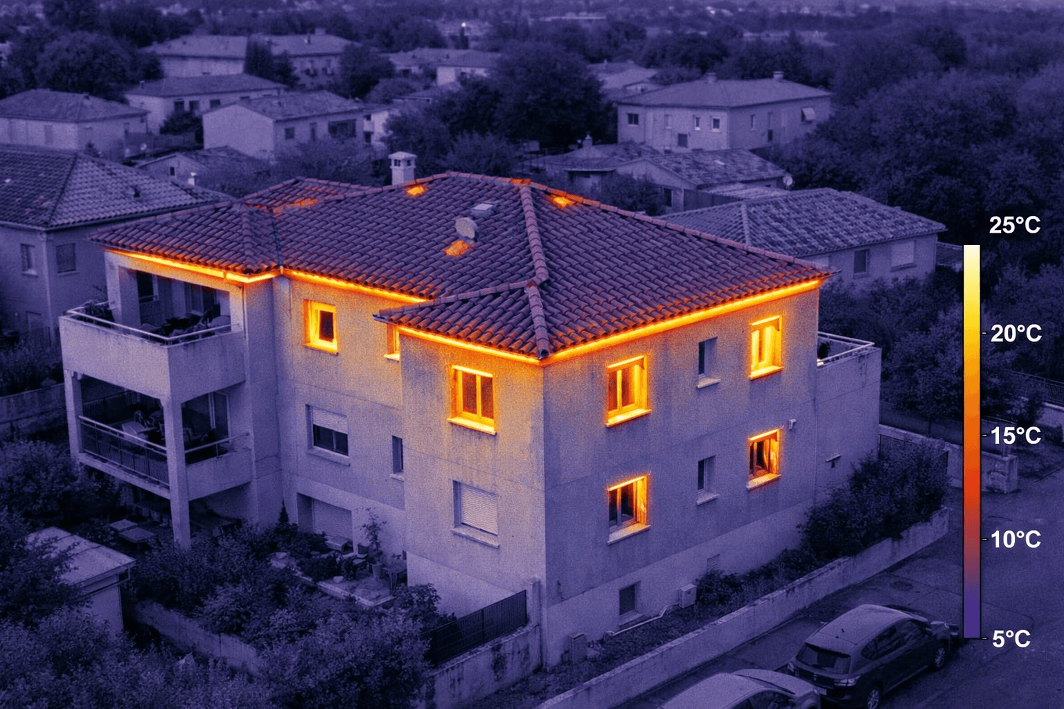 Vue thermique par drone d’une maison à Montpellier