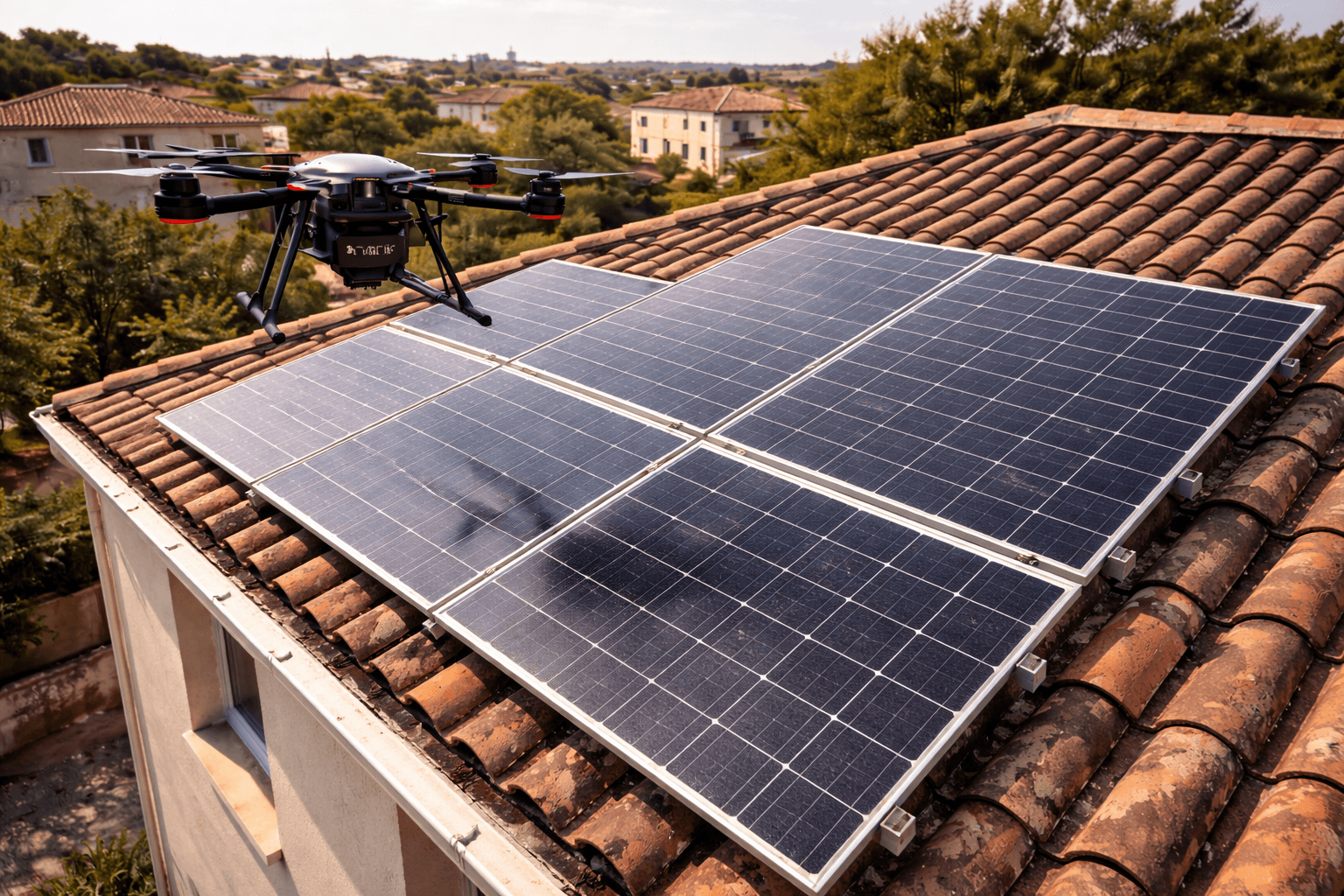 Drone inspectant des panneaux solaires sur toiture à Montpellier