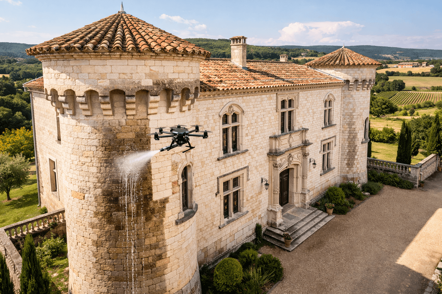 Nettoyage extérieur de château par drone en Occitanie
