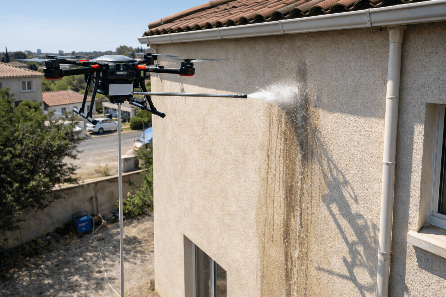 Drone intervenant pour le nettoyage d’une façade de maison à Montpellier