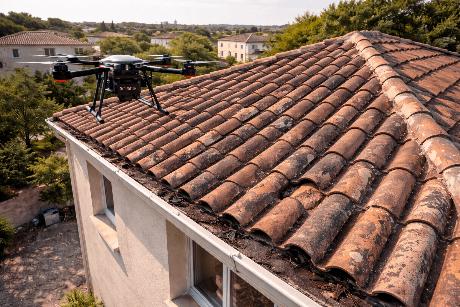 Drone inspectant une toiture pour recherche de fuite à Montpellier