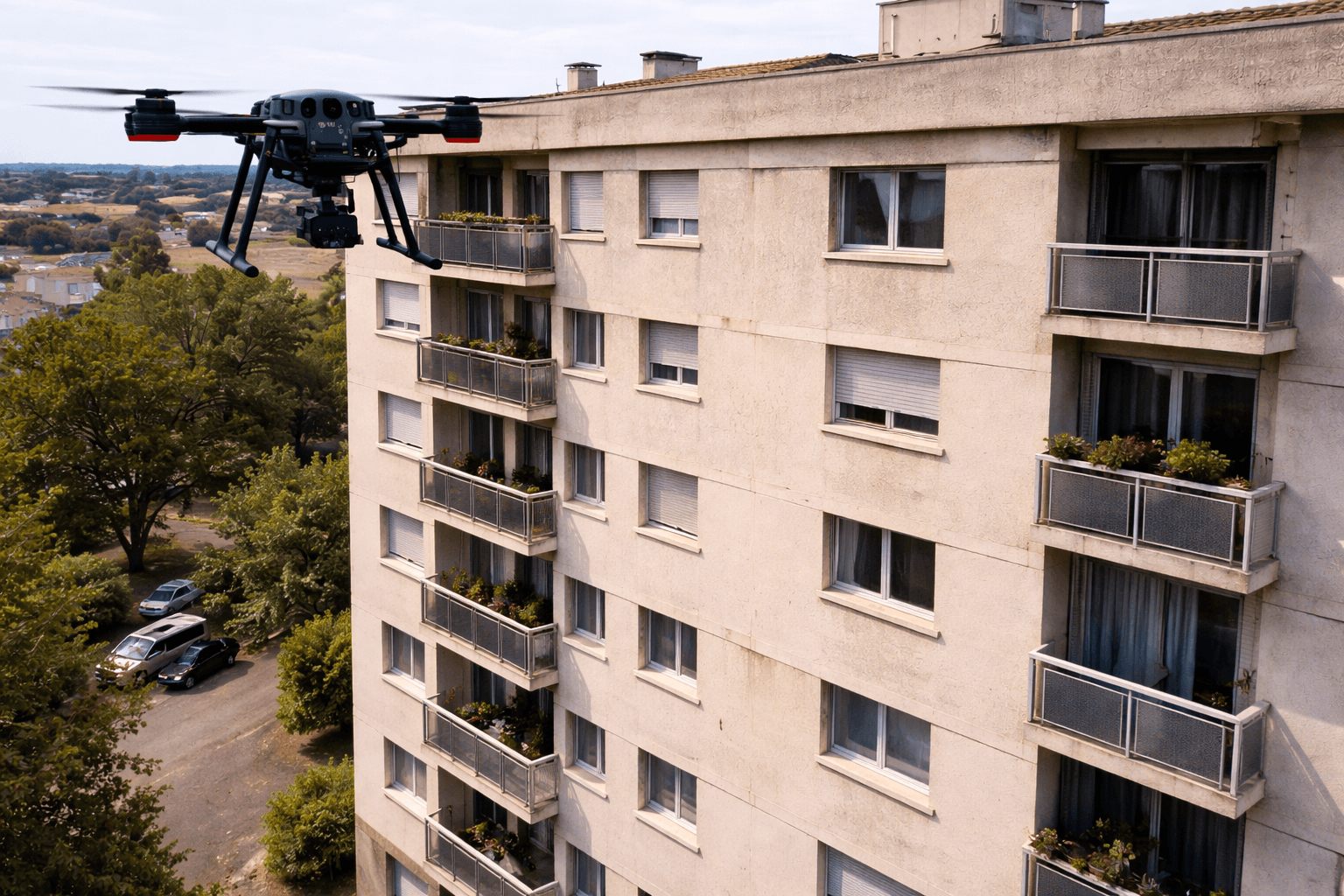 Drone inspectant la façade d’un immeuble à Montpellier