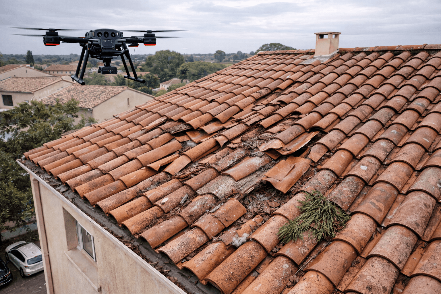 Drone inspectant une toiture après tempête dans l’Hérault