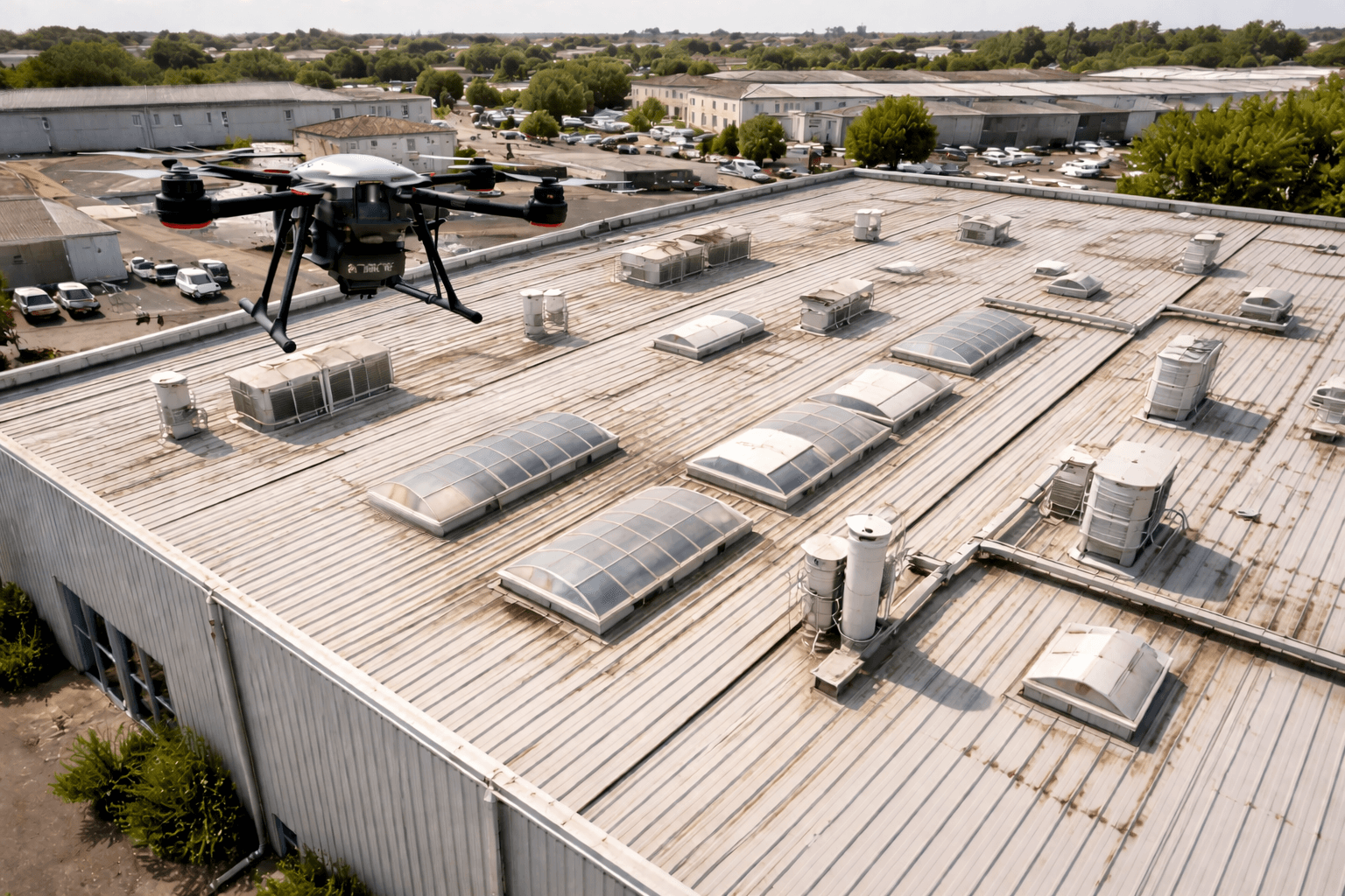 Inspection de toiture industrielle par drone sur un entrepôt à Montpellier