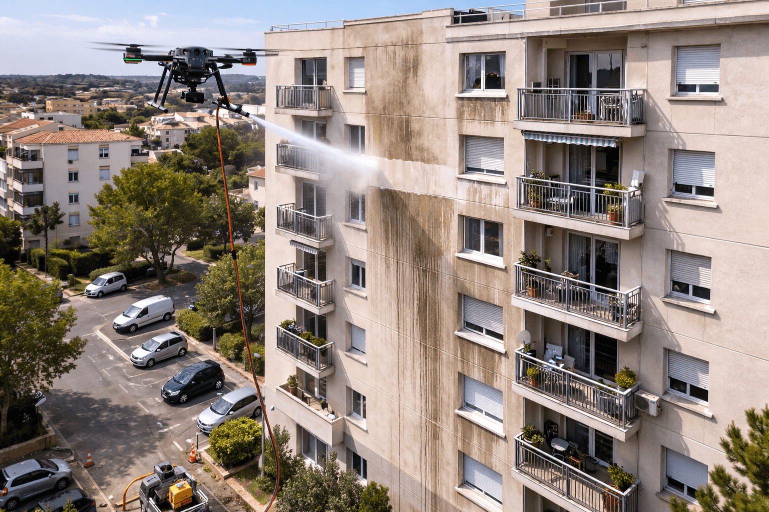 Drone intervenant pour le nettoyage d’une façade d’immeuble à Montpellier