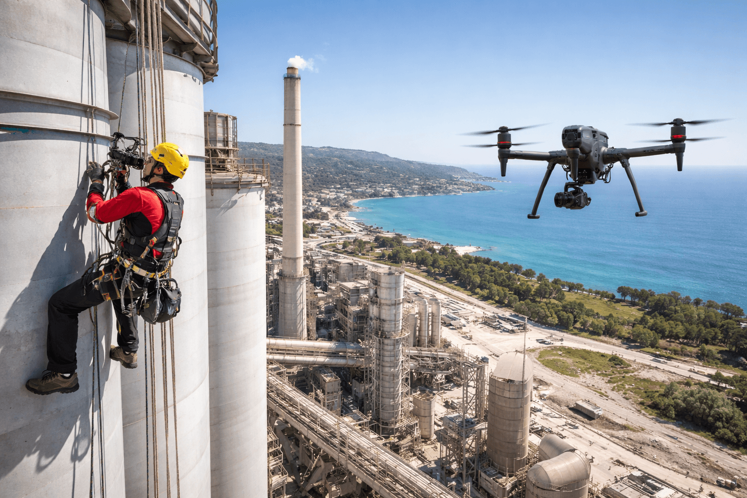 Comparaison inspection cordiste vs drone sur bâtiment industriel
